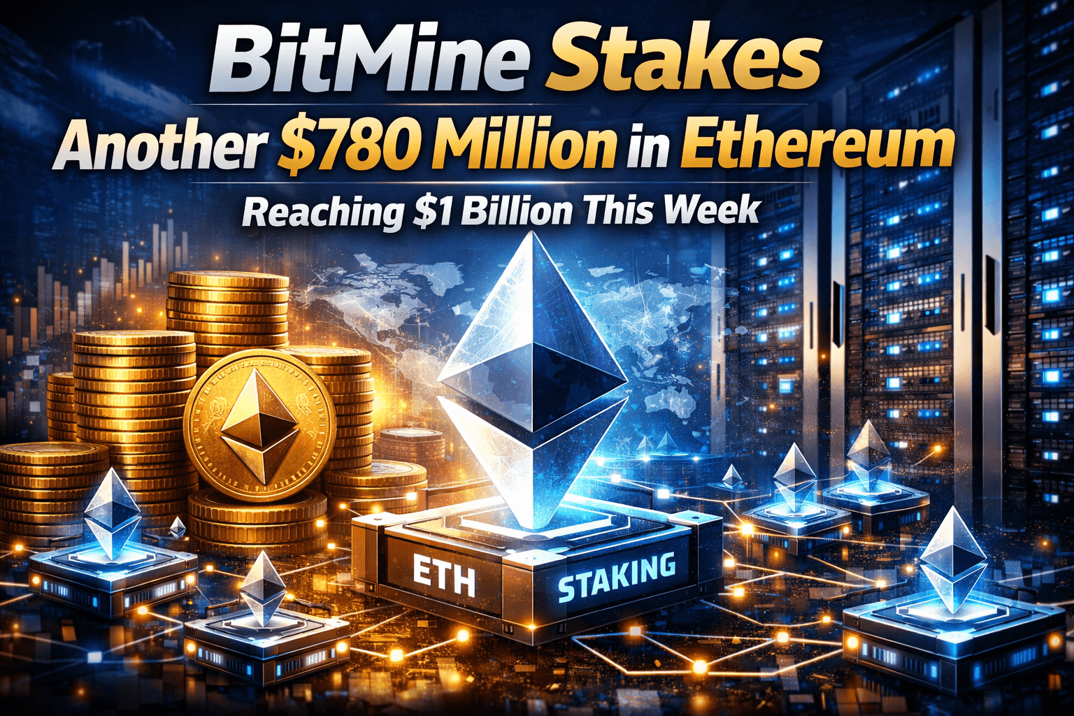 Visual representation of BitMine's $780 million Ethereum staking move showing ETH tokens being locked in secure digital vault